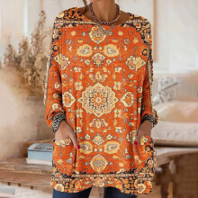 Women's Printed Long Sleeve Round Neck Top with Pockets