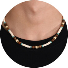 Men's Bohemian Necklace Green Beads Coconut Shell