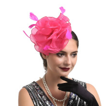 Chapeau Derby pour femme, rose fuchsia, à fleurs, plumes et résille avec cheveux