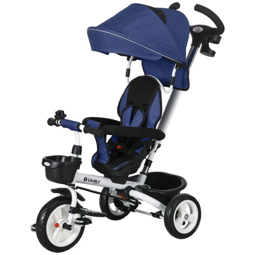 6-in-1 Kinderdreirad mit Schiebestange, Verdeck, Korb, Dunkelblau 1