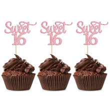 Decorazioni per cupcake Sweet16 rosa glitterate, 12 pezzi