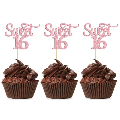 Decorazioni per cupcake Sweet16 rosa glitterate, 12 pezzi