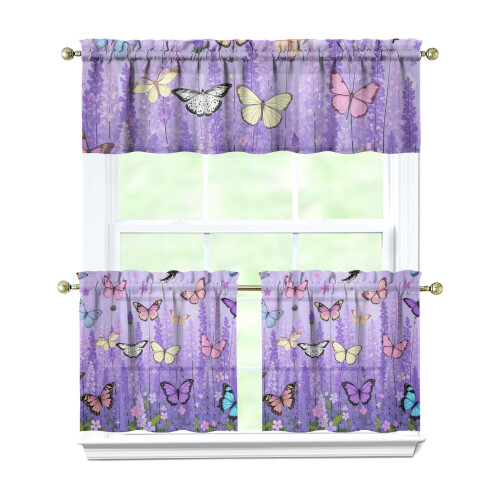 Kitchen Curtains and Valance Set Purple Lavender Floral
