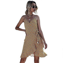 (S) Women's Sling Dress Printed Irregular Ruffle Sexy One-piece Dress