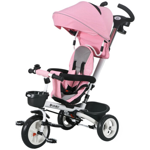 6-in-1 Kinderdreirad mit Schiebestange, Sonnendach, Korb, Rosa 1