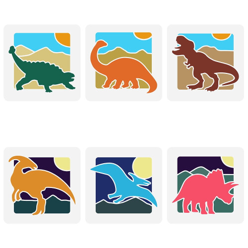 Dinosaur Stencil Set Reusable 5.9 x 5.9 Inch 6 Pieces