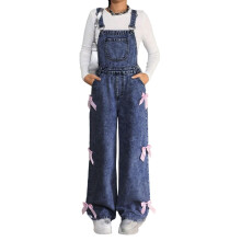 Girls Denim Overalls Snowflake Washed Wide Leg Jumpsuit