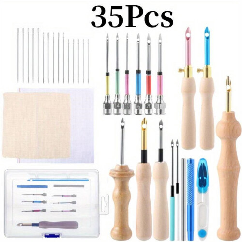 Punch Needle Kit with Adjustable Tool Wooden Handle 35 pcs