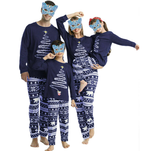 Family Matching Pajama Sets Blue Tree Print Long Sleeve Tee