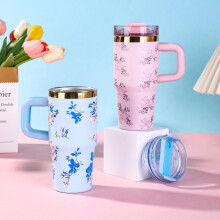 (Style one, 14oz) 14oz Floral Car Cup Double Wall Stainless Steel Vacuum Insulated Tumbler with Handle Portable Straw Cup for Travel