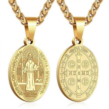 (Gold + chain) Stainless Steel St. Benedict Ellipse Pendant Vintage Medal Necklace for Men