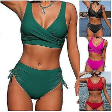 (Rose Red, 2XL) Bikini Women's Twist Front High Waisted Bikini Swimsuit Drawstring Tie Side Bottom Two Piece Bathing Suit jk