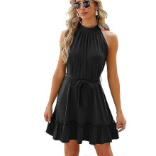 (M) Women's Summer Black Sleeveless Halter Neck Pleated Dresses A Line Flowy Beach Dress