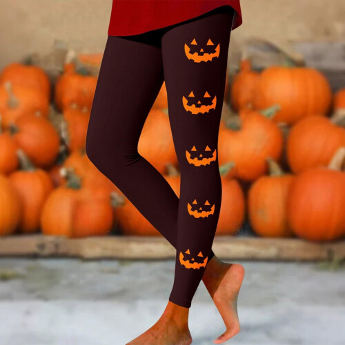 Γυναικείο κολάν για το Halloween με τυπωμένο σχέδιο κολοκύθας και φάντασμα, καφέ M 1
