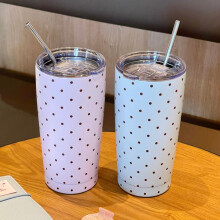(white, 550ml) Polka Dot Vacuum Insulated Tumbler 304 Stainless Steel Large Capacity Water Bottle with Straw Couples Cup for Home Daily Use