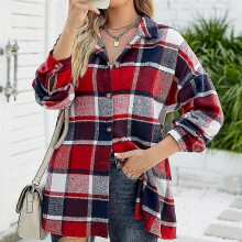 (S) Womens Casual Flannel Wool Blend Plaid Lapel Button Down Long Sleeve Shacket Jacket Coat Winter Loose Shirts