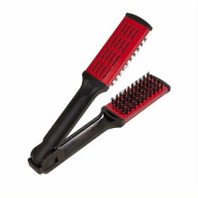 (Red) Hair Straightening Comb with V-Shaped Bristles, 2-in-1 Corded Electric Styling Tool for Straightening and Curling