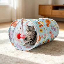 Light Blue Floral Cat Tunnel with Peepholes and Interactive Toys, Foldable for Easy Storage