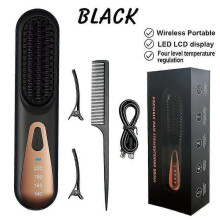 (Black) Wireless Hot Comb Hair Straightener Brush, LED Display 4 Temperature Settings, Rapid Heating Anti-Scald USB-C Rechargeable for Women