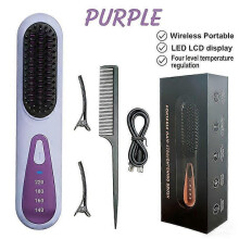 (Purple) Wireless Hot Comb Hair Straightener Brush, LED Display 4 Temperature Settings, Rapid Heating Anti-Scald USB-C Rechargeable for Women