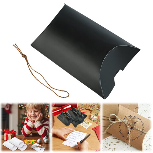 Black Paper Pillow Candy Box Foldable with Jute Rope Small