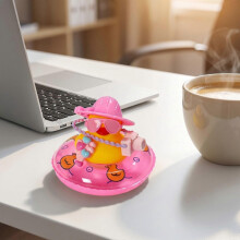 Cute Rubber Duck Car Ornament with Pink Hat Sunglasses Camera and Inflatable Ring, Summer Dashboard Desktop Decor, Funny Gift