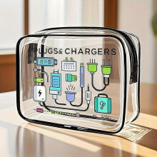 'Plugs & Chargers' Transparent PVC Toiletry Bag, Foldable Travel Organizer with Handle, for Electronics & Makeup, Men and Women