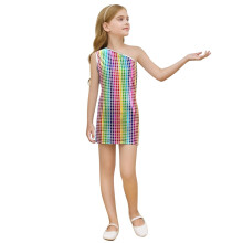 Girls Sleeveless Sequin Dress Round Neck Asymmetric Hem