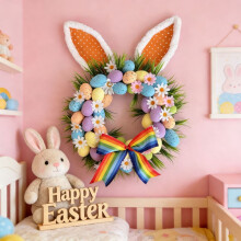 Easter Bunny Ear Wreath with Colorful Eggs and Artificial