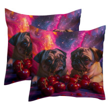 Housse de coussin carrée en velours 50 x 50 cm représentant un carlin galactique et des cerises.