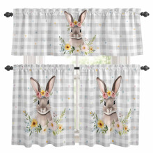 Ensemble rideaux et cantonnières de cuisine à motif lapin de Pâques, gris à carreaux