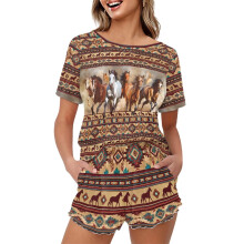 Aztec Tribal Horses Pajama Set Women Short Sleeve Top and