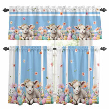 Ensemble rideaux et cantonnières de cuisine à rayures bleues, motif moutons de Pâques