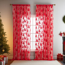 Rideaux de Noël transparents brodés de moutons, tringle de 140 cm (55 pouces)