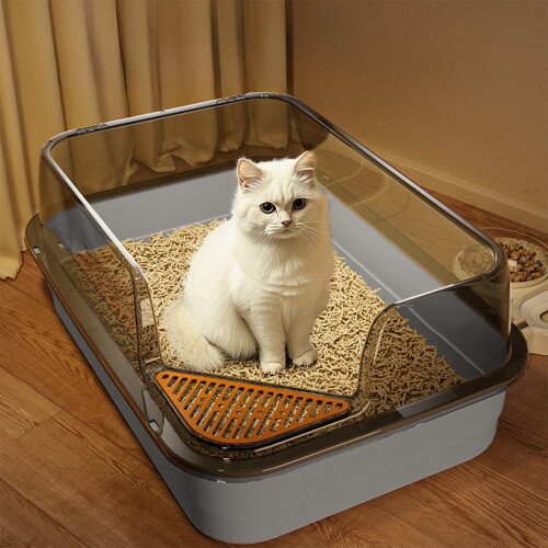 Grey Semi-Enclosed Cat Litter Box with High Sides and 1