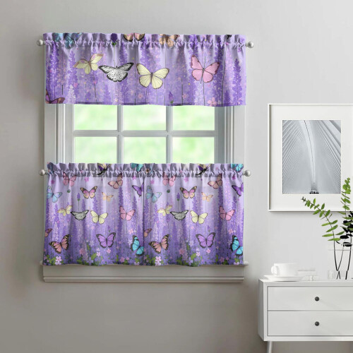 Kitchen Curtains and Valance Set Purple Lavender Floral 1
