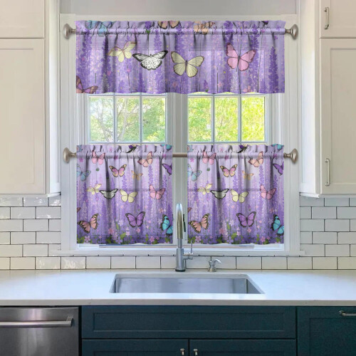Kitchen Curtains and Valance Set Purple Lavender Floral 2
