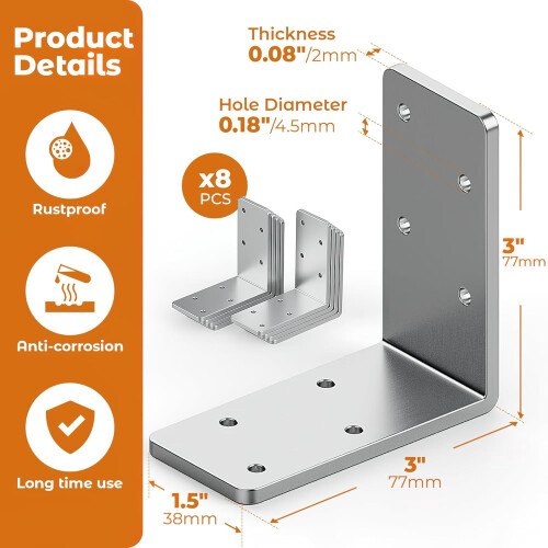 Galvanized Steel L-Brackets 3"x3" 90 8 pcs 1