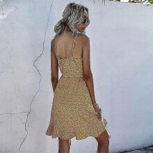 (M) Women's Sling Dress Printed Irregular Ruffle Sexy One-piece Dress