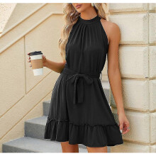 (XL) Women's Summer Black Sleeveless Halter Neck Pleated Dresses A Line Flowy Beach Dress