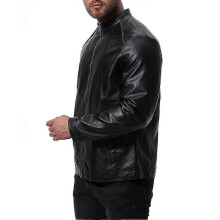 (2XL, Black) Allthemen Mens Classic Stand Collar Zipper Motorcycle Leather Jacket