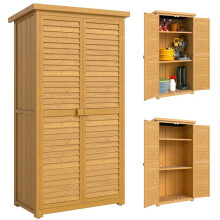 Caseta de jardín de madera con puertas de lamas, 3 estantes y almacenamiento resistente a la intemperie.