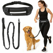 (One-size, Black-) 1 Pc Hands-Free Dog Leash with Zipper Pouch, Dual Padded Handles and Durable Bungee Cord for Walking Jogging Running Training