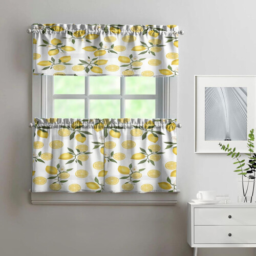 Yellow Lemon Kitchen Curtains Set with Valance 3-Piece 1