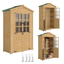 Caseta de jardín de madera con espacio de almacenamiento, puerta con cerradura, techo y panel de ventilación.