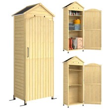 Caseta de jardín alta de madera con estante ajustable, puerta magnética y ventilación.