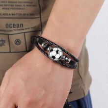 (10Pcs) Black Braided Leather Bracelet with Soccer Ball Charm Cabochon, Adjustable PU Leather Cord Jewelry for Men