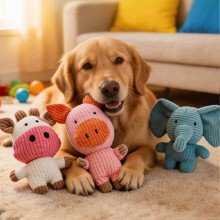 (B) Animal Shaped Corduroy Dog Toy - Built-in Squeaker - for Play & Training