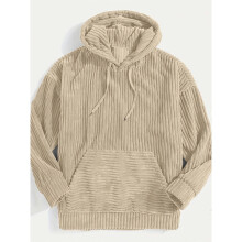 (UK 42, Beige) For Men Vintage Corduroy Men's Casual Pullover Hooded Sweatshirt With Kangaroo Pocket Streetwear For Winter Fall As Gifts