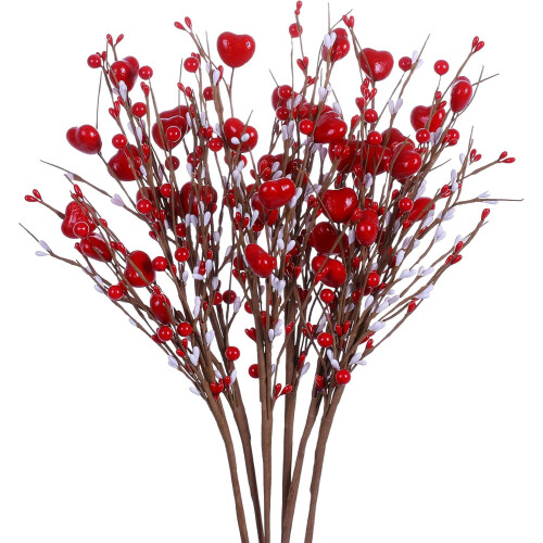 Artificial Red Berry Flower Stems Heart Shape 6 Pcs
